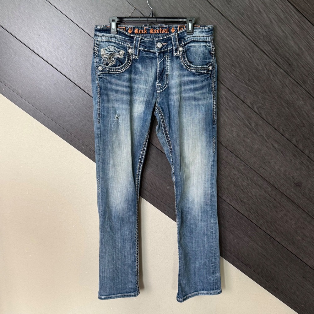 Rock Revival Leslie Bootcut Jeans Women's 31 Blue Distressed 33 Inseam SEE DESC
